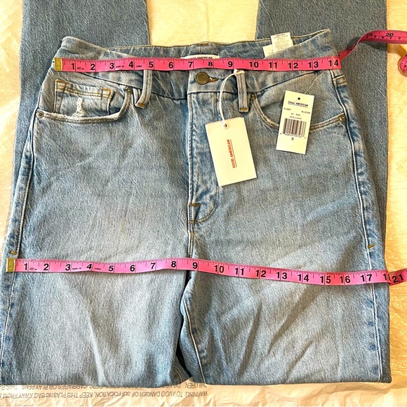 Good American Women med blue light jean high waist ,cool classic, distress Sz 8 - Picture 16 of 16